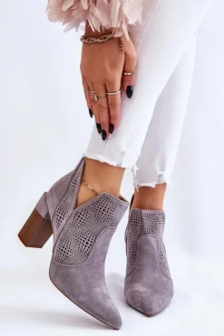 Ażurowe Zamszowe Botki Na Obcasie Szare Leanna