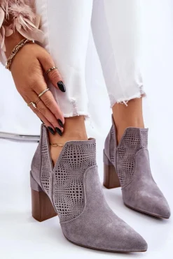 Ażurowe Zamszowe Botki Na Obcasie Szare Leanna