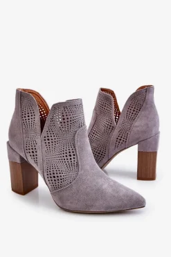 Ażurowe Zamszowe Botki Na Obcasie Szare Leanna
