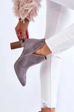 Ażurowe Zamszowe Botki Na Obcasie Szare Leanna