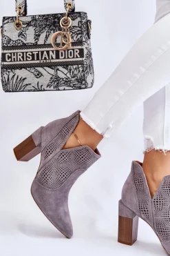 Ażurowe Zamszowe Botki Na Obcasie Szare Leanna