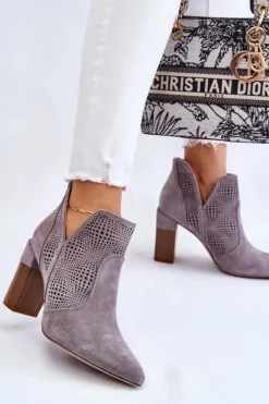 Ażurowe Zamszowe Botki Na Obcasie Szare Leanna