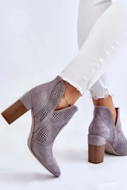 Ażurowe Zamszowe Botki Na Obcasie Szare Leanna