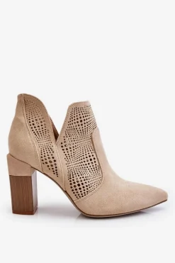 Ażurowe Zamszowe Botki Na Obcasie Jasnobeżowe Leanna