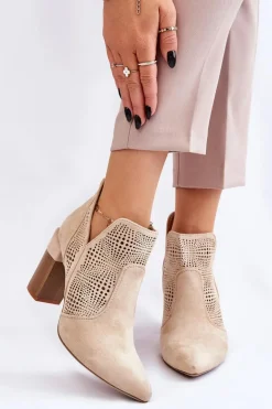 Ażurowe Zamszowe Botki Na Obcasie Jasnobeżowe Leanna