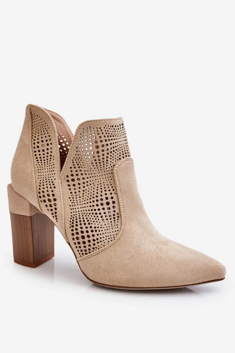 Ażurowe Zamszowe Botki Na Obcasie Jasnobeżowe Leanna