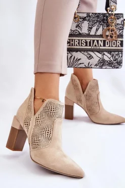 Ażurowe Zamszowe Botki Na Obcasie Jasnobeżowe Leanna
