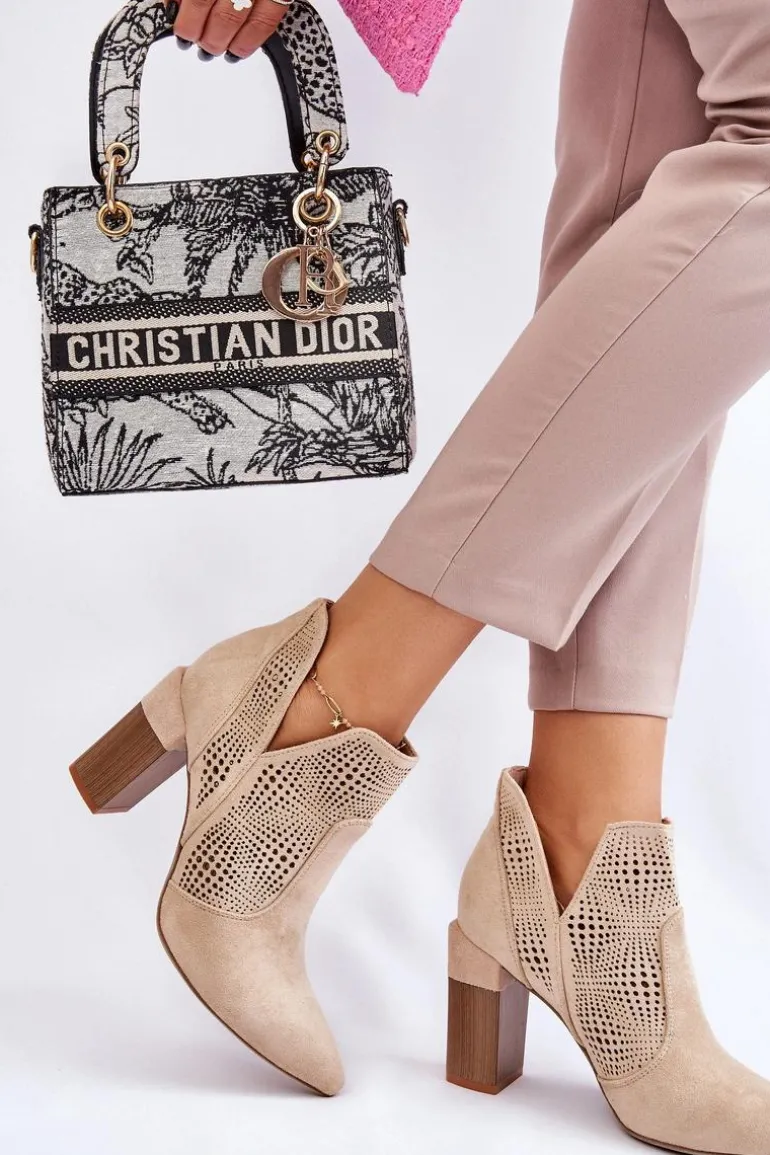 Ażurowe Zamszowe Botki Na Obcasie Jasnobeżowe Leanna