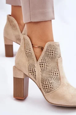 Ażurowe Zamszowe Botki Na Obcasie Jasnobeżowe Leanna