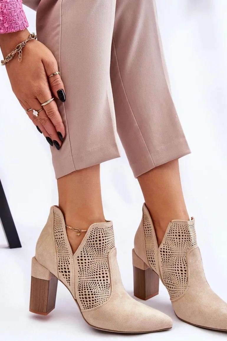 Ażurowe Zamszowe Botki Na Obcasie Jasnobeżowe Leanna