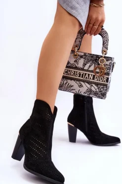 Ażurowe Zamszowe Botki Na Słupku Czarne Logan