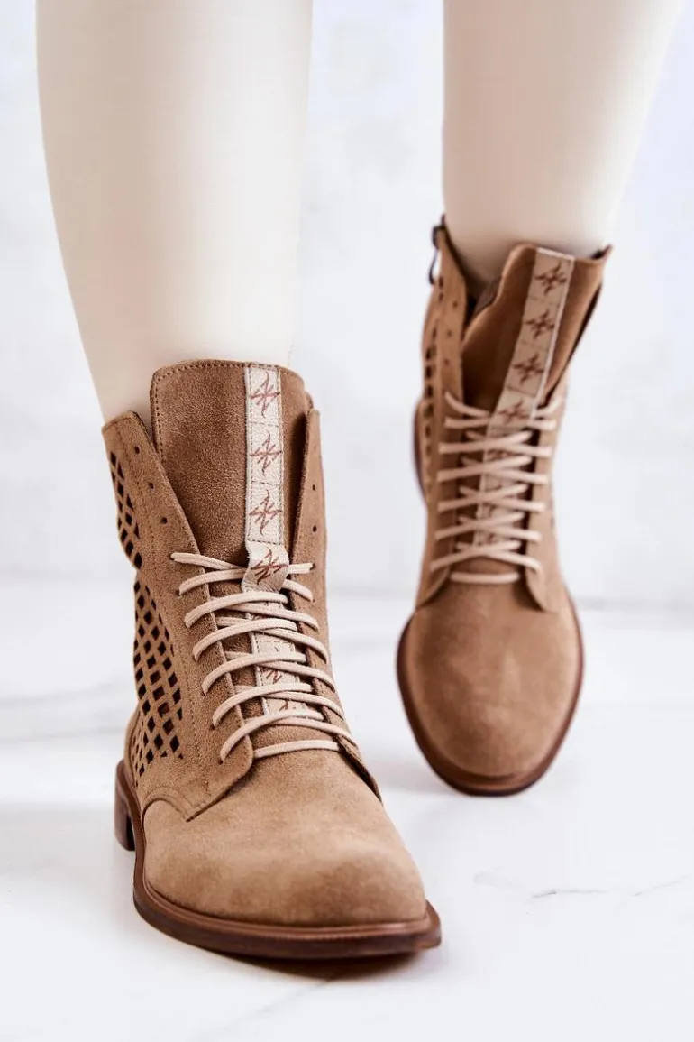 Ażurowe Zamszowe Botki Wiązane Nicole Camel 2696