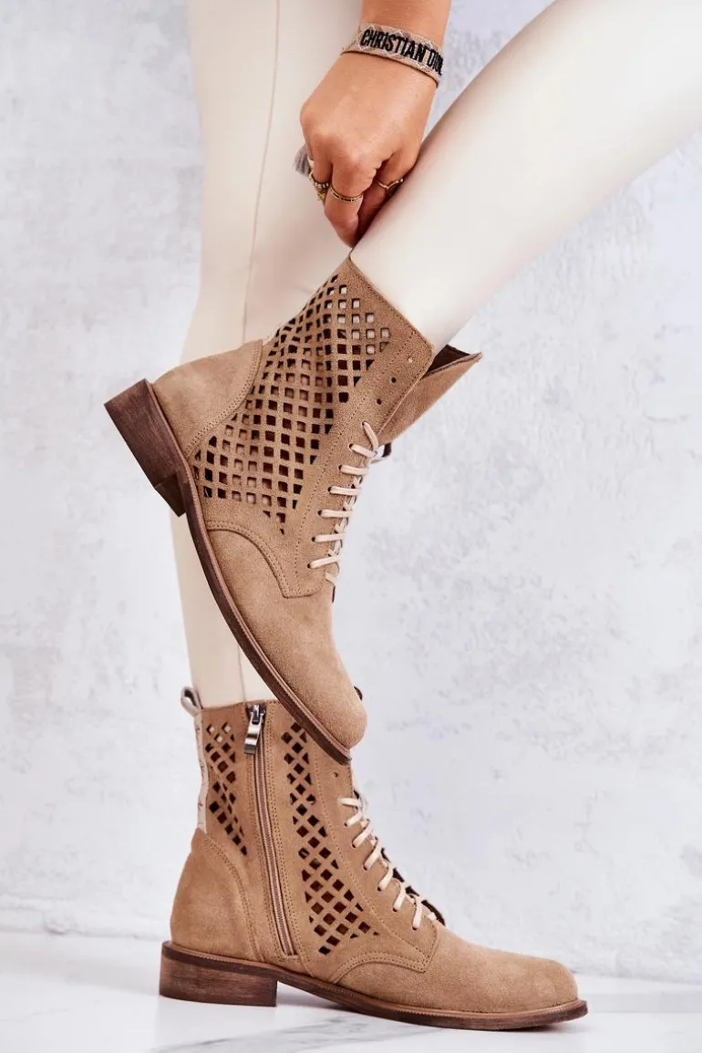 Ażurowe Zamszowe Botki Wiązane Nicole Camel 2696