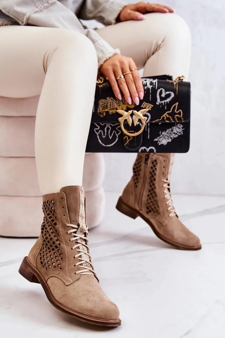 Ażurowe Zamszowe Botki Wiązane Nicole Beżowe 2696