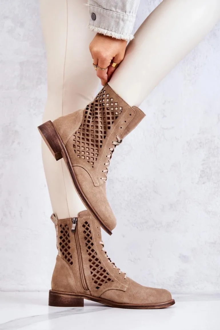 Ażurowe Zamszowe Botki Wiązane Nicole Beżowe 2696