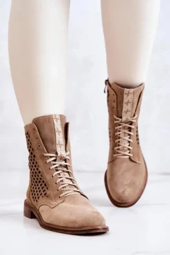 Ażurowe Zamszowe Botki Wiązane Nicole Beżowe 2696