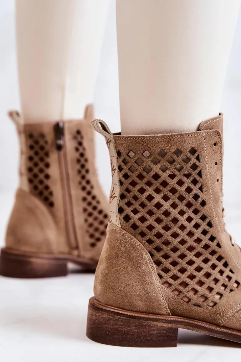 Ażurowe Zamszowe Botki Wiązane Nicole Beżowe 2696