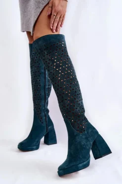 Ażurowe Zamszowe Kozaki Na Obcasie Zielone Castres