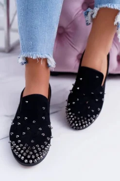 Balerinki Damskie Lu Boo Czarne Zamszowe Lordsy z Ćwiekami Odessa