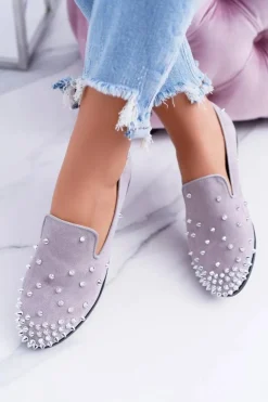 Balerinki Damskie Lu Boo Szare Zamszowe Lordsy z Ćwiekami Odessa