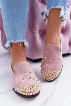 Balerinki Damskie Lu Boo Różowe Zamszowe Lordsy z Ćwiekami Odessa