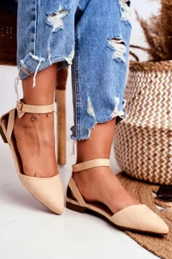 Baleriny Damskie Beżowe Na Pasek W Szpic Allison