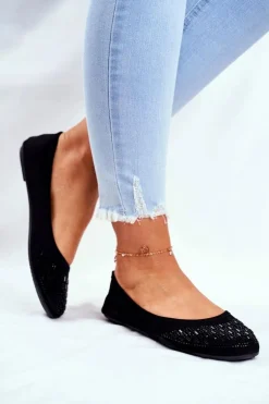 Baleriny Damskie Czarne z Cyrkoniami Amantero