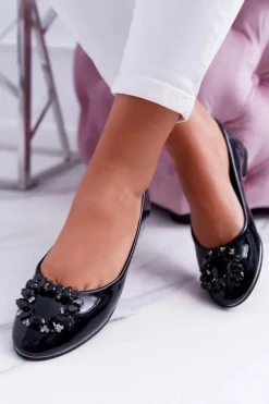 Baleriny Damskie Czarne z Kryształami Decor