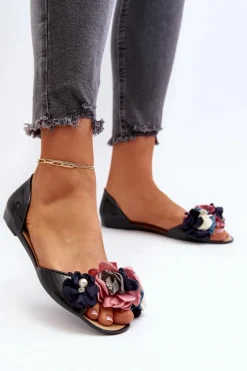 Baleriny Damskie Gumowe Z Kwiatami Czarne Junikla