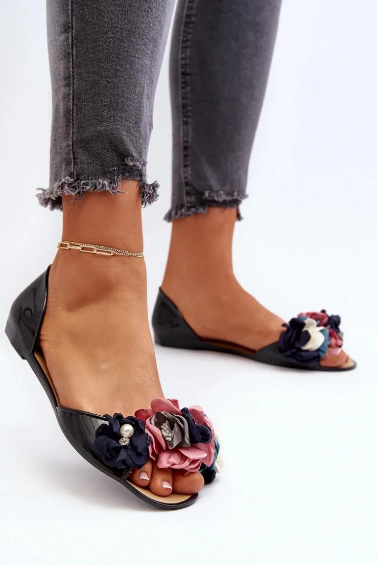 Baleriny Damskie Gumowe Z Kwiatami Czarne Junikla