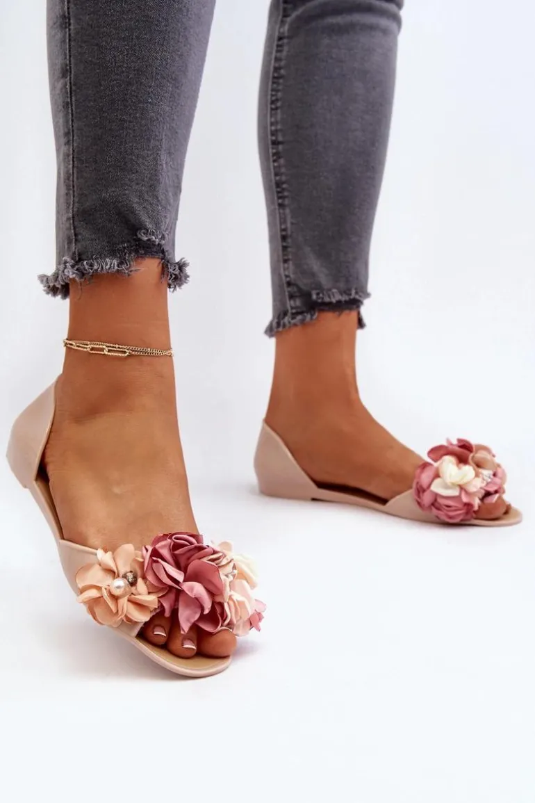 Baleriny Damskie Gumowe Z Kwiatami Beżowe Junikla