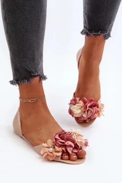 Baleriny Damskie Gumowe Z Kwiatami Beżowe Junikla