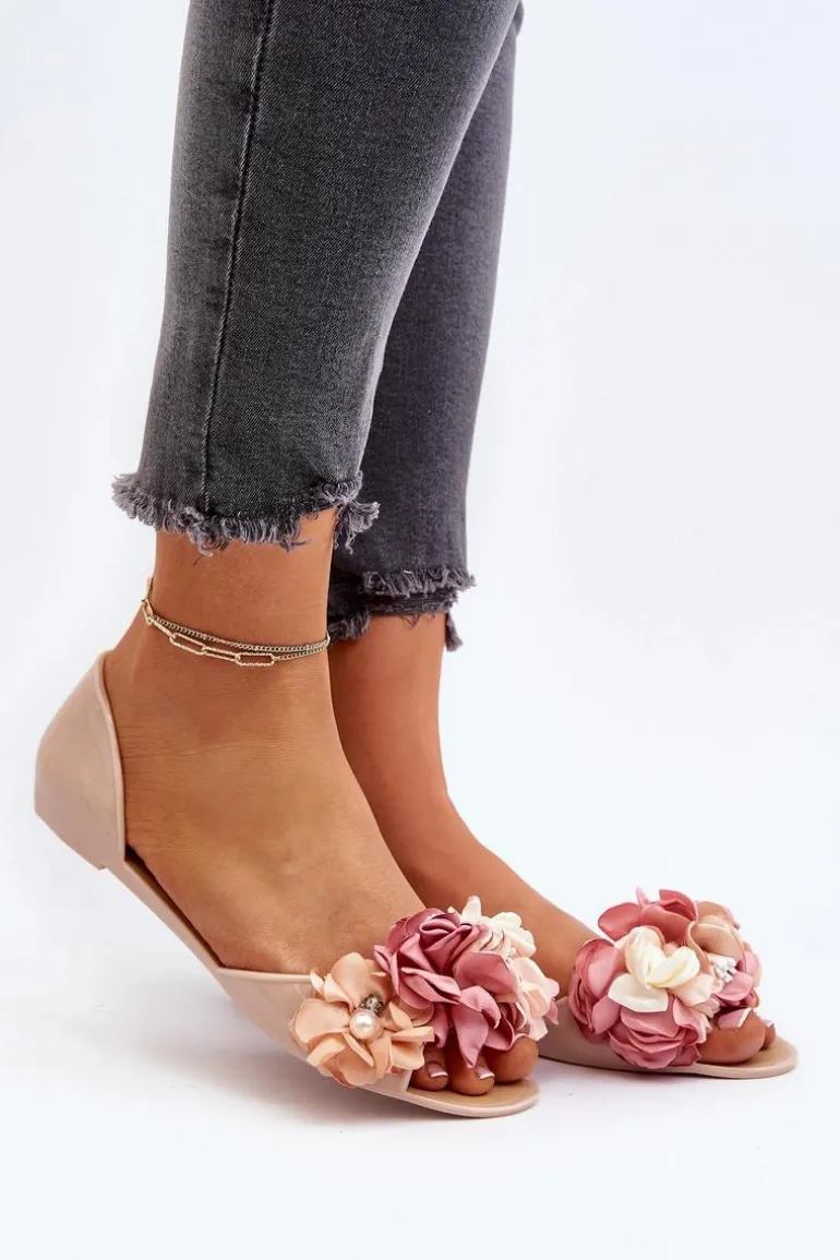 Baleriny Damskie Gumowe Z Kwiatami Beżowe Junikla