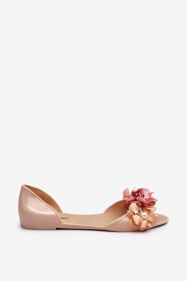 Baleriny Damskie Gumowe Z Kwiatami Beżowe Junikla