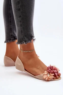 Baleriny Damskie Gumowe Z Kwiatami Beżowe Junikla