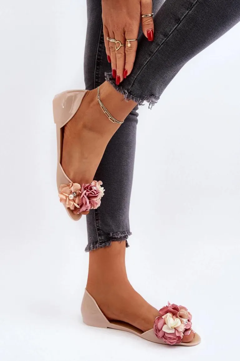 Baleriny Damskie Gumowe Z Kwiatami Beżowe Junikla