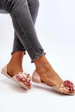 Baleriny Damskie Gumowe Z Kwiatami Beżowe Junikla