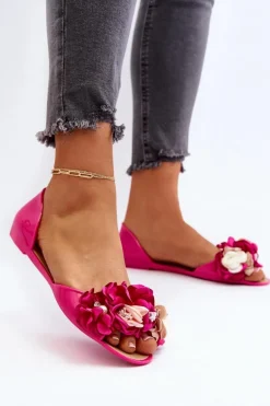 Baleriny Damskie Gumowe Z Kwiatami Fuksja Junikla