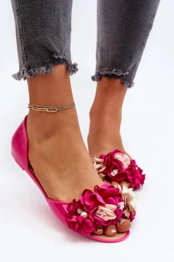 Baleriny Damskie Gumowe Z Kwiatami Fuksja Junikla