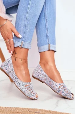 Baleriny Damskie Maciejka Skórzane Biało Niebieskie we wzory 03497-13