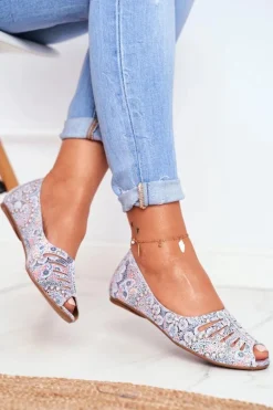 Baleriny Damskie Maciejka Skórzane Biało Niebieskie we wzory 03497-13