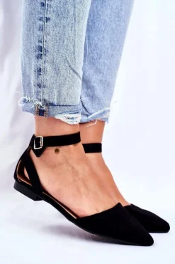 Baleriny Damskie Płaskie Czarne Na Pasek W Szpic Allison