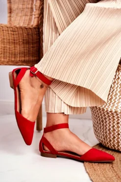 Baleriny Damskie Płaskie Czerwone Na Pasek W Szpic Allison