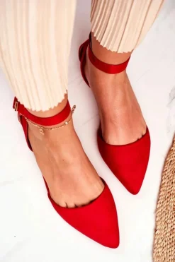 Baleriny Damskie Płaskie Czerwone Na Pasek W Szpic Allison