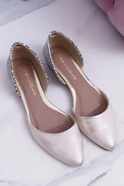 Baleriny Damskie W Szpic Wzór Krokodyla Skórzane Złote Anthem