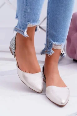 Baleriny Damskie W Szpic Wzór Krokodyla Skórzane Złote Anthem