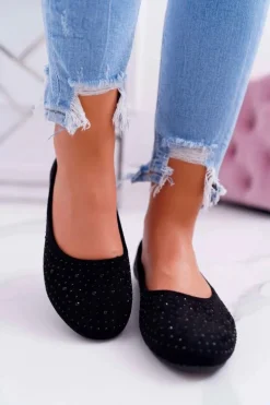 Baleriny Damskie Z Cyrkoniami Zamszowe Czarne Lora