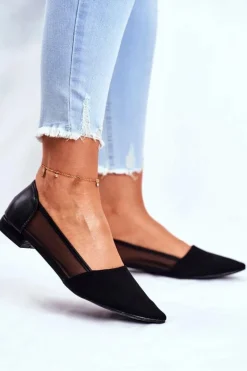 Baleriny Damskie Z Siateczką Zamsz Czarne Fibe