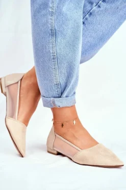 Baleriny Damskie Z Siateczką Zamsz Beżowe Fibe