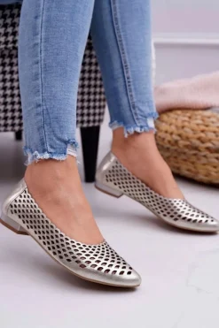 Baleriny Damskie Złote Skórzane Exquisite 1107/1